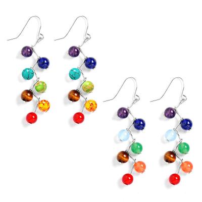 China New FASHIONABLE Natural 6MM Beaded Healing Energy Long Dangle Natural Stone Earring Dangling Seven Chakras Yoga Earrings Loop Earring for sale