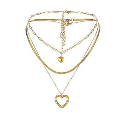 China New FASHIONABLE Heart Pendant Jump Rings Women Fishbone Necklace Multi Layered Heart Love Cavity Zircon Choker Stainless Steel for sale