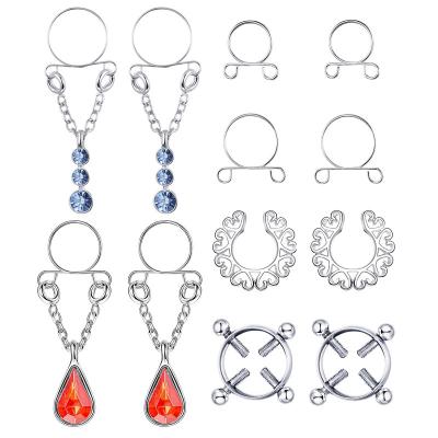 China Trendy Stainless Steel Non-Piercing Fake Nipple Rings Jewelry Water Drop Fake Stone Tassels Dangle Screw Clip On Jewelry Set for sale