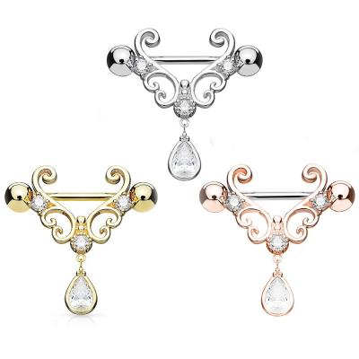 China Trendy Women Steel Bar CZ Nipple Piercing Breast Jewelry 14G Clear Imitation Stainless Tear Crystal Dangle Nipple Rings for sale