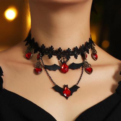 China 2022 FASHIONABLE Nightmare Layered Gothic Black Choker Jewelry Lace Front Accessories Crystal Bat Halloween Christmas Red Toppik Necklace for sale