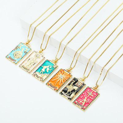 China TRENDY 18K Gold Plated Geometric Square Symbolic Paint Pendant Religious Jewelry For Women Men Colorful Enamel Tarot Card Necklace for sale