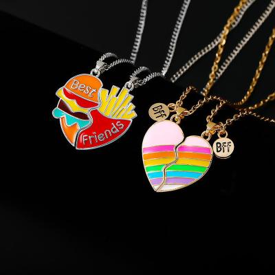 China New TRENDY 2 Pcs/Set Cartoon Fashionable Enamel Jewelry Half Puzzle Rainbow Necklace Kids Children Broken Heart BFF Matching Necklace for sale