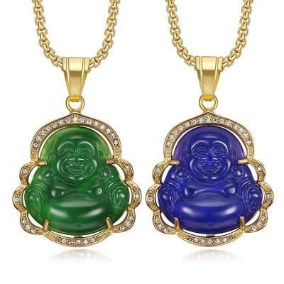 China Fashion Yoga Mala Feng Shui Good Luck Fortune Aesthetics Accessories Stainless Steel Chain Chalcedony Laughing Buddha Necklace for sale