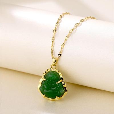 China FASHIONABLE New Titanium Amulet Jewelry Steel Chain Plated or Maitreya Fashion Chalcedony Big Belly Jewelry Green Buddha Pendant Necklace for sale