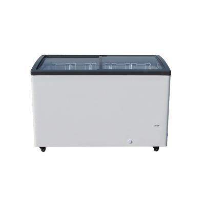 China Hotel Environmentally Design Super Clear Sliding Curved Glass Door Lid Chest Freezer for sale