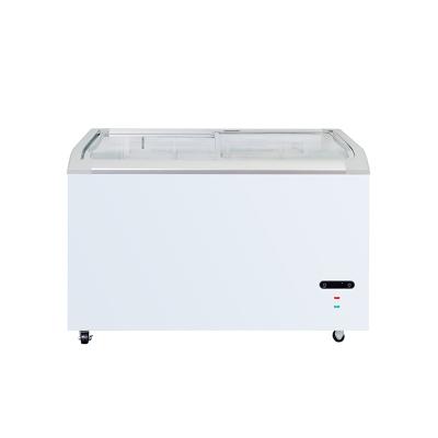 China Hotel Factory Direct Mechanical Flast Chest Freezer With Open Lid Curved Glass Top for sale