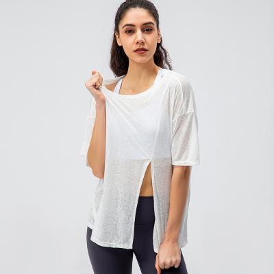 China Women Breathable Fitness Short Workout Gym Yoga Sleeves Shirt Clothes Women's Vest Slit Blouse Crewneck T-Shirt for sale