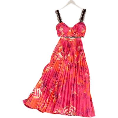 China 2022 Summer Breathable Bohemian Style High Waist Pleated Two Piece Set Long Maxi Elegant Casual Dress Summer Dress Women Lady Elegant for sale