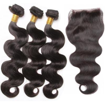 China Wholesale Human Body Wave Virgin Hair Bundle Vendors, Factory Sale 100 Percent Natural Black Color Hair Weave With Closure for sale