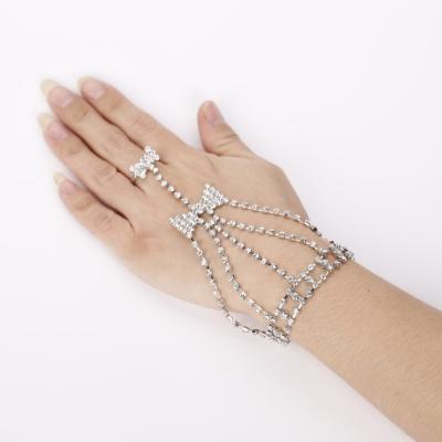 China Fashion Romantic Bow In The Middle Rhinestone Glass Bracelet With Rings Hand Ornament Wedding Accessories for sale