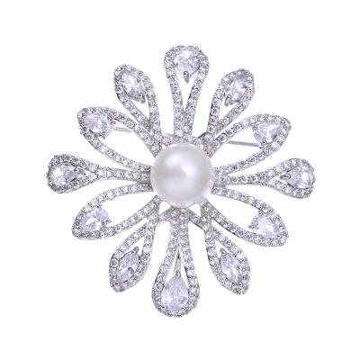 China Sunflower CZ Pins Cubic Zircon Daisy Brooches Pins With Pearls Luxury Sunflower Brooches For Women Suits for sale