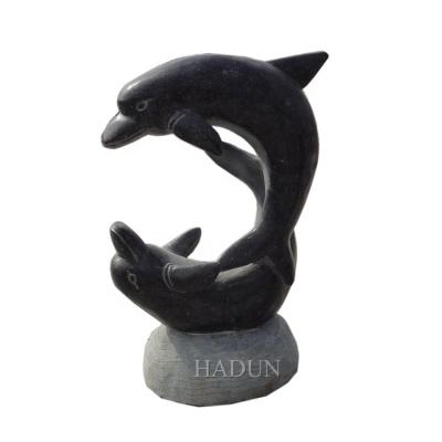 China Modern Outdoor Black Marble Stone Garden 2 Dolphins Statue for sale