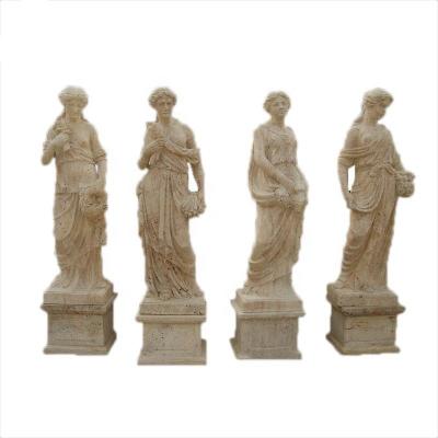 China Western Yellow Travertine Stone Carving Four Seasons Greek Goddess Marble Statues for sale