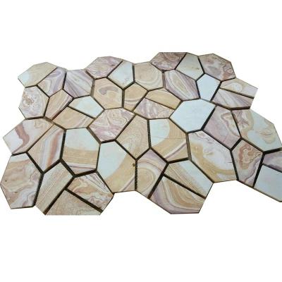 China Teakwood Outdoor Eco-friendly Sandstone Slab Carpet Mesh Paver Natural Stone Tile for sale