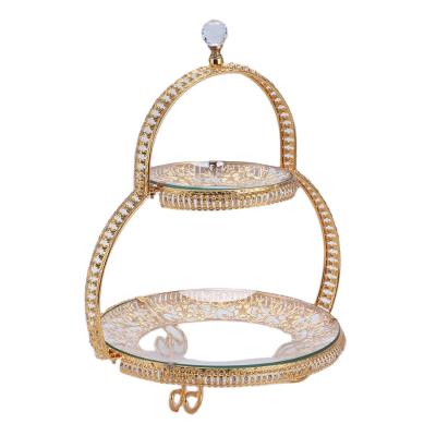 China Viable wholesale iron fruit deco hanging tray hanging basket with gold ice metal wire food storage rack 2 tier for sale