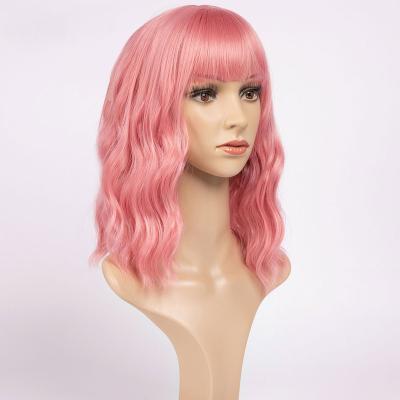 China Easy to carry. Yafu Popular Pastel Wavy Wig With Air Bangs Short Bob Purple Pink Wigs Curly Cosplay Women's Wavy Synthetic Wig for sale