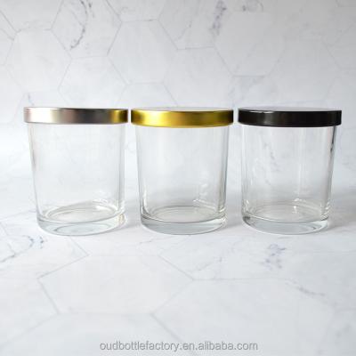 China Home Decoration 220ml 320ml Transparent Clear Empty Glass Jar Candle Vessels With Metal Lid for sale