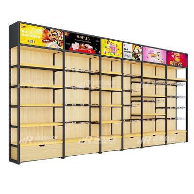 China Single Sided High Quality Customizable Single Sided Retail Steel Supermarket Side Shelf Grocery Retail Wood Display Rack for sale