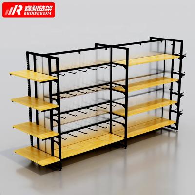 China Retail Store Display Customized Detachable Black Laminate Display Wooden Pet MDF Retail Pet Snacks Display Racks hot steel mounting for sale