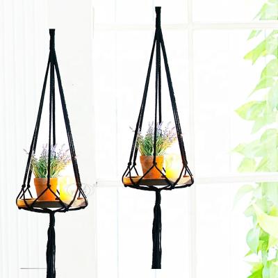 China Bohemian Home Hangers Macrame Plant Hangers Black Handmade Cotton Woven Macrame Pot Holder for sale