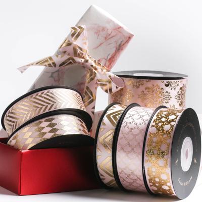 China Recyled Custom Mounted Gold Foil Printed Gift Polyester Satin Ribbon With Your Own Logo , Christmas Decoration Supplies Ribbons for sale