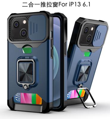 China Camera Slider Pad PC+TPU Car Ring Holder Shockproof Case For iPhone 14 13 12 11 Phone Case Shockproof Cover With Card Slot for sale