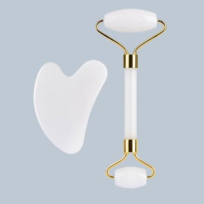 China Blood Vessels Removal Jade Stone Guasha Set Head Jade Roller Gua Sha Set Heart Shape Double Roller Set Massager for sale