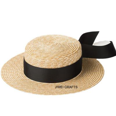 China Beach Wheat Straw Hat Natural Color With Color Handmade Female Ribbon For Summer Flat Top Hat for sale