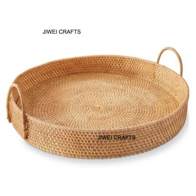 China Sustainable Customized Woven Picnic And Round Shape Food Tray Natural Material Basket For Breakfast Tray With Handle Basket for sale