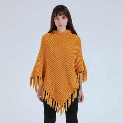 China Anti-wrinkle fashion autumn winter tassels wrap women sweater cape hood custom design ribbed women sweater cape for sale