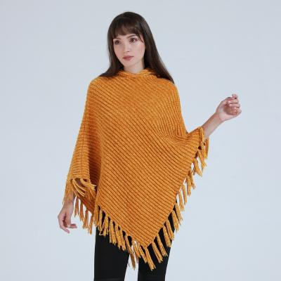 China Anti-Wrinkle Custom Design Winter Autumn Women Ponchos Hooded Knitted Ribbed Warm Fashion Sweater Cape Crewneck Coats Shawls Capes Wrap Coats for sale