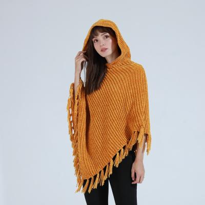 China Retro Winter Fashionable Women Anti-Wrinkle Poncho Knitted Shawl Wrap Poncho Sweater Front Fringed Sides Hem Plus Size Open Waist Cap for sale