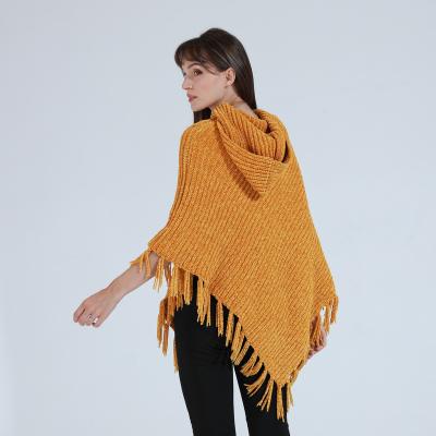 China Anti-wrinkle custom design fashion winter women cape with hood fringed sides retro knitted sweater cape plus size women casual sweater cape for sale