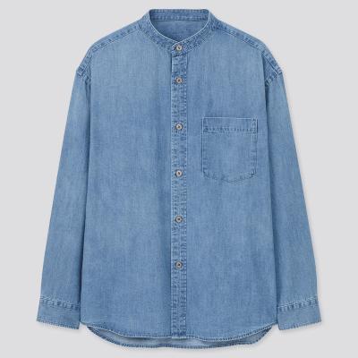 China Wholesale Anti-Shrink Shirt Wholesale Oversized Organic Cotton Long Sleeve Stand Collar Denim Shirt Unisex for sale