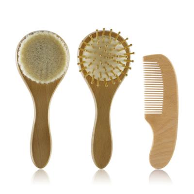 China Nondisposable 3pcs Eco-friendly Hot Selling Natural Baby Soft Wooden Hair Brush And Comb Sets Natural Goat Bristle Brush for sale