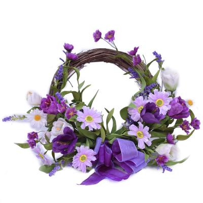 China Real Touch Environmental Protection Spring Flower Half Green Daisy Wreath Ornamental Personalized Garland With Tulip Wreath for sale