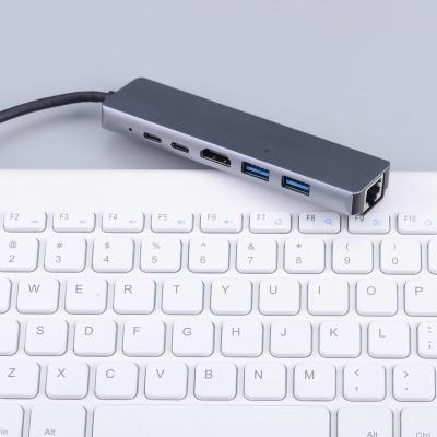 China Alloy+ABS Aluminum Multi Function 6 In 1 Type C Type C USB 3.0 Mini Adapter Hub USB3.0 USB-C Adapter Hub for sale