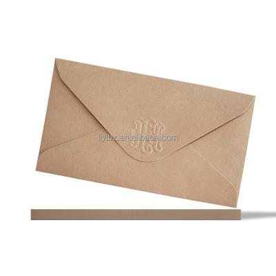 China Handmade 220 * 110mm Custom Kraft Paper Material Colorless Embossed Raised Text LOGO Invitation Letter Shell Envelope for sale