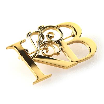 China Europe factory supplier HSQ metal stainless steel gold name logo letter brooch / brooch custom cut shiny pin for sale