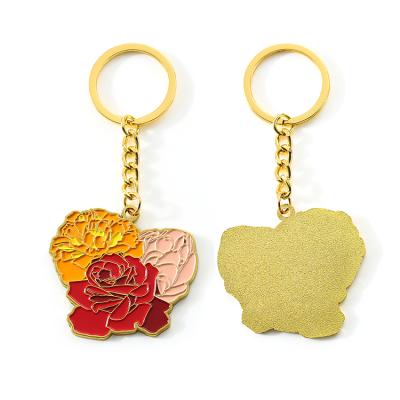 China Promotional Gifts HSQ Factory Fashion Factory Fashion Custom Metal Gold Plating Enamel Soft Lover Rose Flower Key Chain for sale