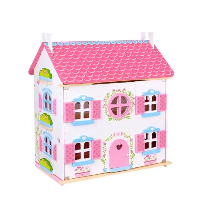 China Beautiful Designed Pink Colorful/Safe/Environmental Kids DIY Play House Furniture Set Wooden Doll House Toy for sale