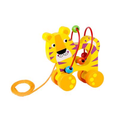 China Colorful/Safe/Environmental Toddler Preschool Pull Along Tiger Beads Wooden Toy for sale