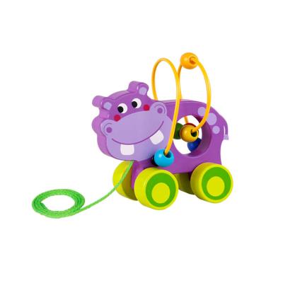 China Colorful/Safe/Environmental Toddler String Pull Along and Push Along Hippo Beads Wooden Toy for sale