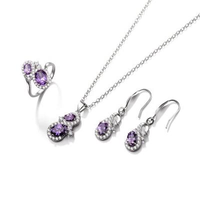 China Romantic Valentine's Fashion Jewelry Sets AAA Silver Cubic Zircon Amethyst Necklace Ring Earrings Set for sale