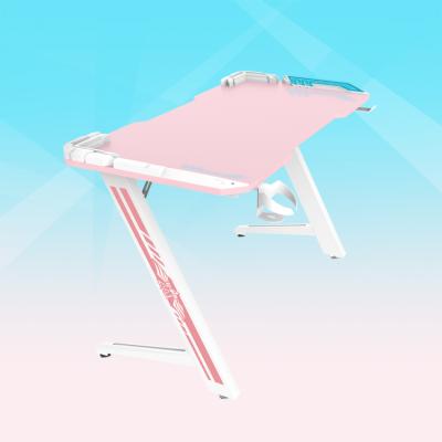 China Other Modern 47 Inch Z Shaped Gamer Desk LED Manufacturer Simple White Pink Gaming Desks for sale