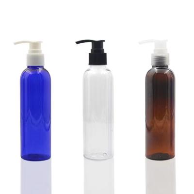 China 150ml 100ml Cosmetic High Quality Clear Amber Pet Plastic Hand Sanitizer Blue Bottle With Sprayer Pump For Shampoo for sale