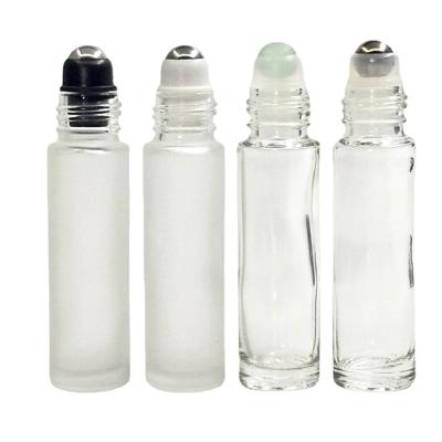 China Round 10ml Empty Transparent Frosted Clear Glass Cosmetic Refillable Roll On Essential Oil Bottle With Plastic Cap for sale