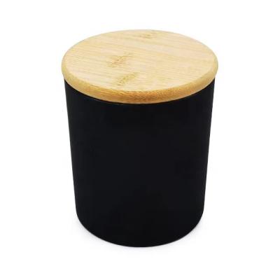 China Home Decoration Round Shaped 200ml White Matte Black Glass Jars For Making Candles With Bamboo Lid for sale