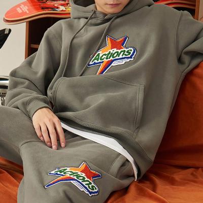 China Breathable High quality two piece set hoodies jogging sweat suit tracksuit embroidery chenille logo fleece oversized men's sweatsuit for sale